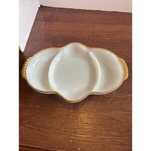 Vintage Fire King Anchor Hocking Milk Glass Gold Trim Divided‎ Dish Plate White